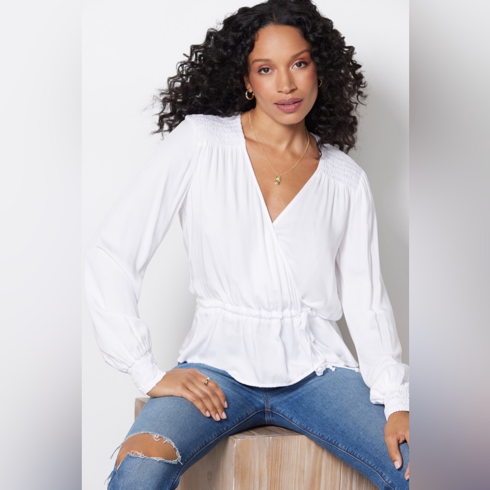Cloth and Stone Smocked Satin Wrap Blouse